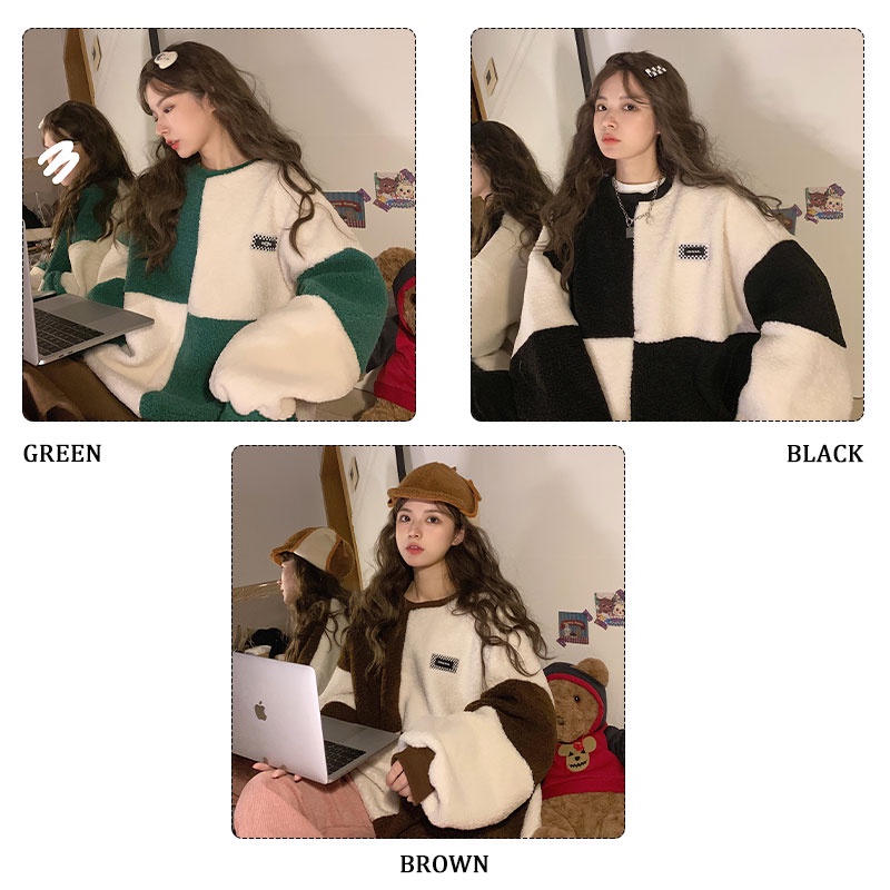 DUOHANZI  Áo sweater Nhung Lông Cừu Tay Dài Cổ Tròn Màu Khối Dày Dặn Phong Cách Hàn Quốc Dành Cho Nữ