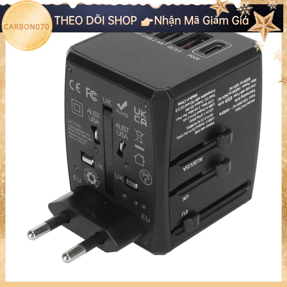Carbon070 Bộ chuyển đổi du lịch đa năng sạc treo tường quốc tế có cổng USB C Cổng 8A cho Mỹ EU Anh 100‑240V Đen