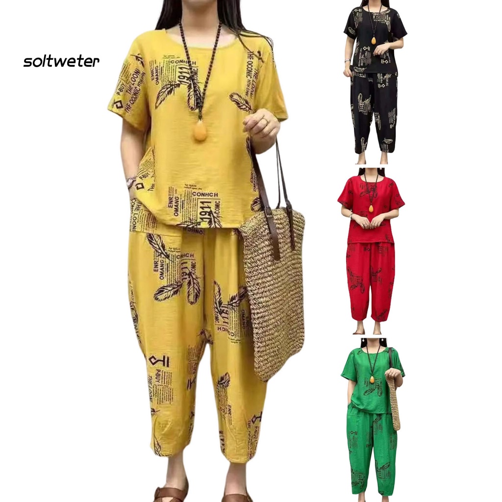 Bộ Đồ Ngủ 2 Món Áo Cổ Tròn Tay Ngắn Phối Quần Short Lưng Thun Mềm Mại Thoáng Khí In Họa Tiết Lông Vũ Thời Trang Mùa Hè Cho Nữ