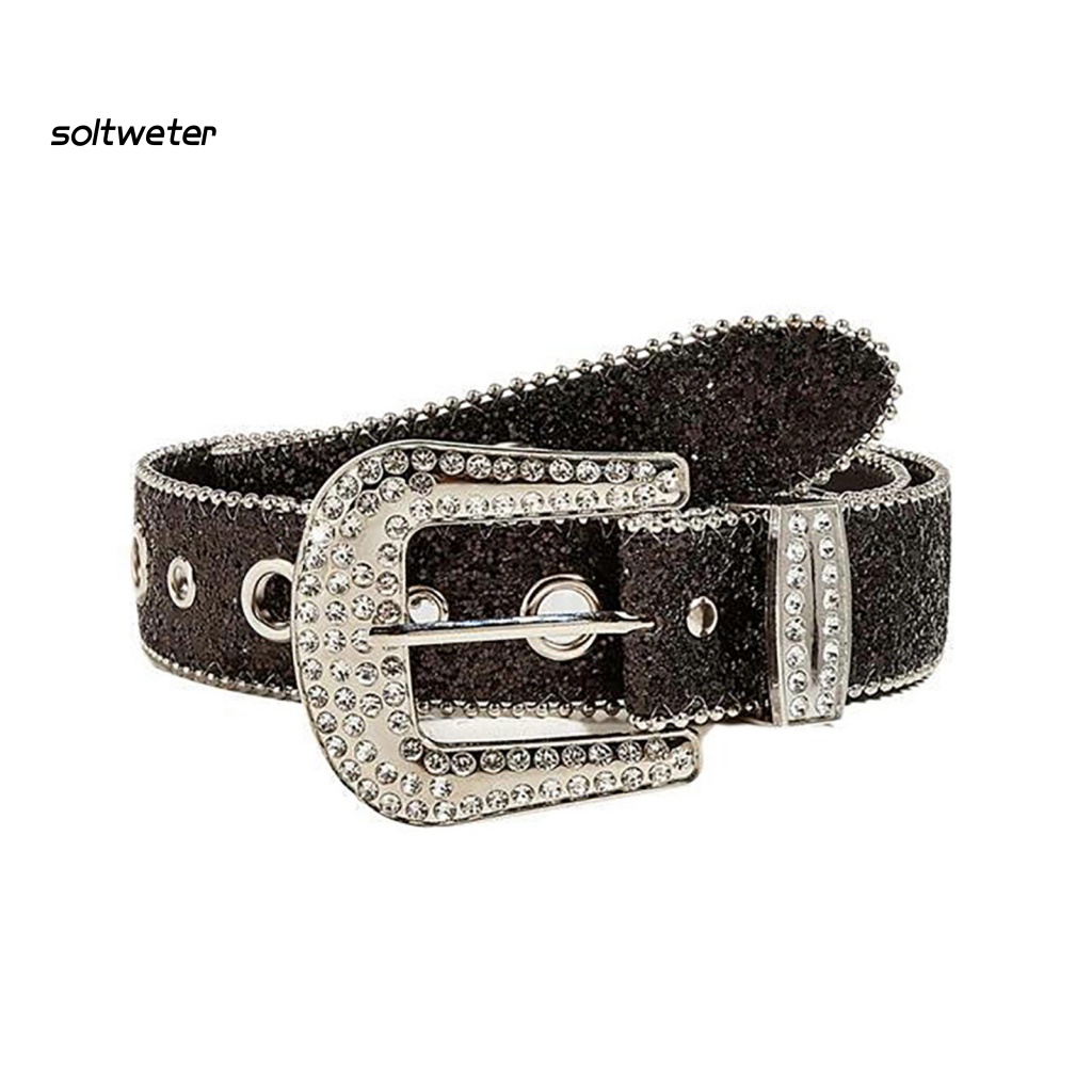 Thắt Lưng Giả Da Nhiều Lỗ Khóa Cài Đính Kim Sa Lấp Lánh Dễ Điều Chỉnh Thời Trang Cho Nữ