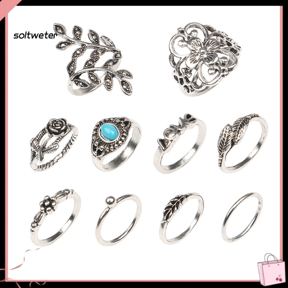 Bộ 10 Nhẫn Đeo Đốt Ngón Tay Khắc Hoa Hồng Đính Đá Ngọc Lam Giả Phong Cách Retro