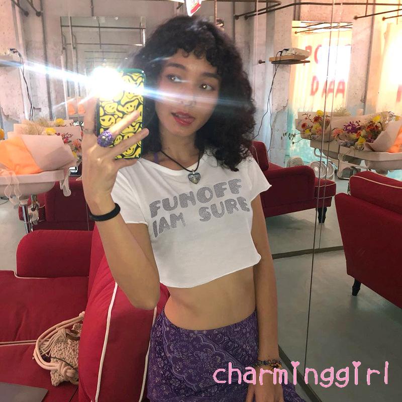 Áo Thun Crop Top Tay Ngắn In Chữ Đính Kim Sa Dễ Thương Thời Trang Mùa Hè Cho Bạn Gái