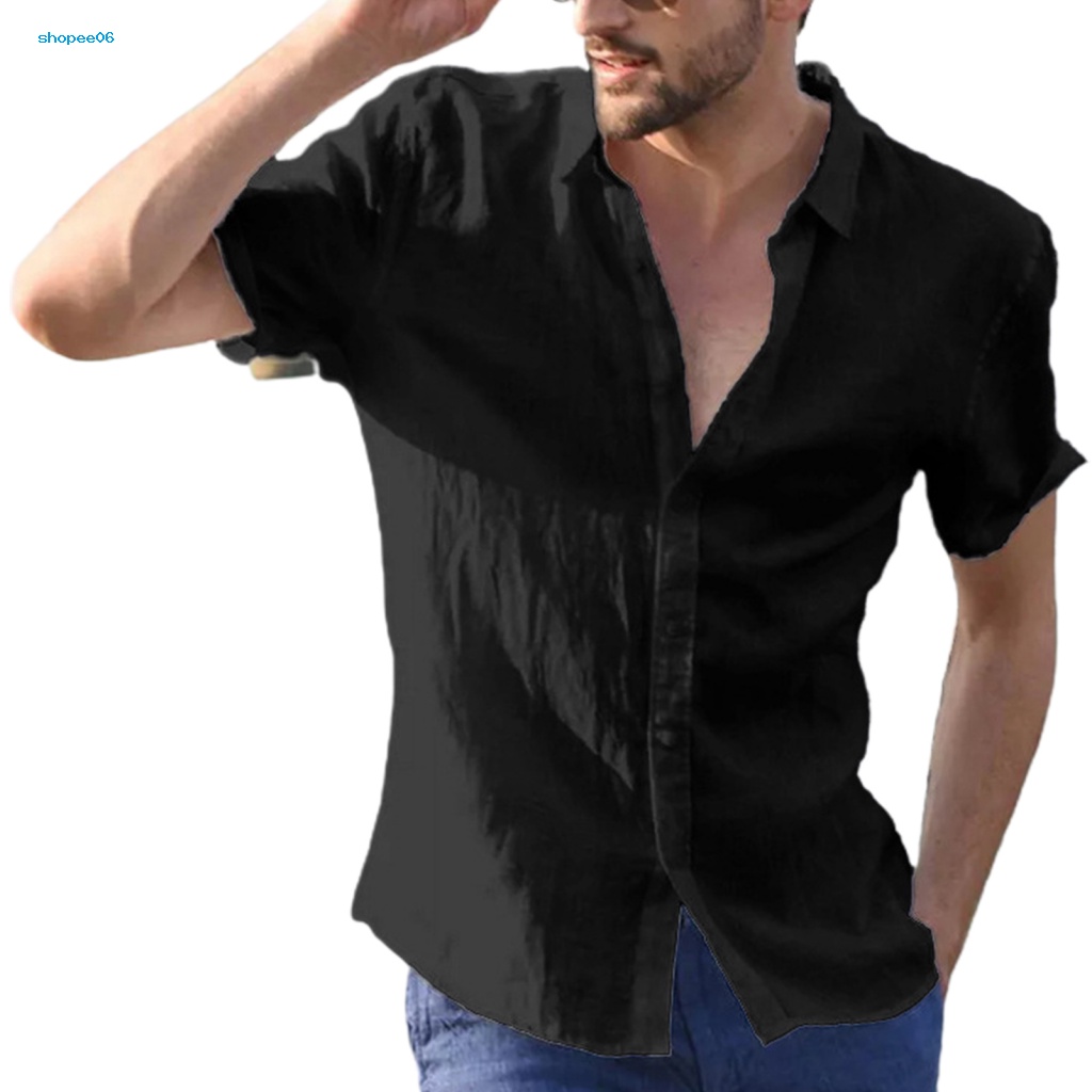 Áo Sơ Mi Tay Ngắn Cổ Bẻ Cài Nút Màu Sắc Trơn Thoáng Khí Thời Trang Đi Biển Cho Nam