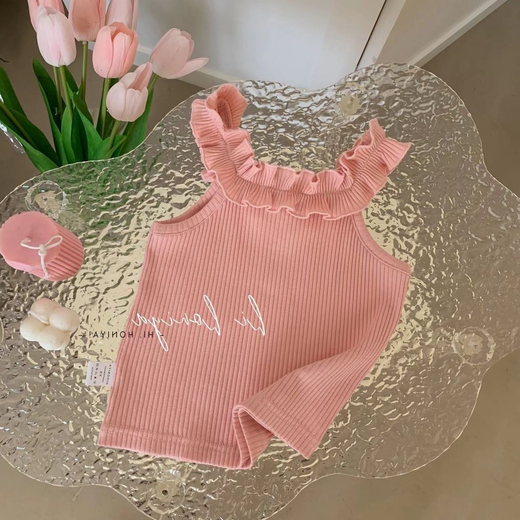 Áo Hai Dây Mùa Hè Nhỏ Màu Trơn Cổ Ren Cho Bé Gái