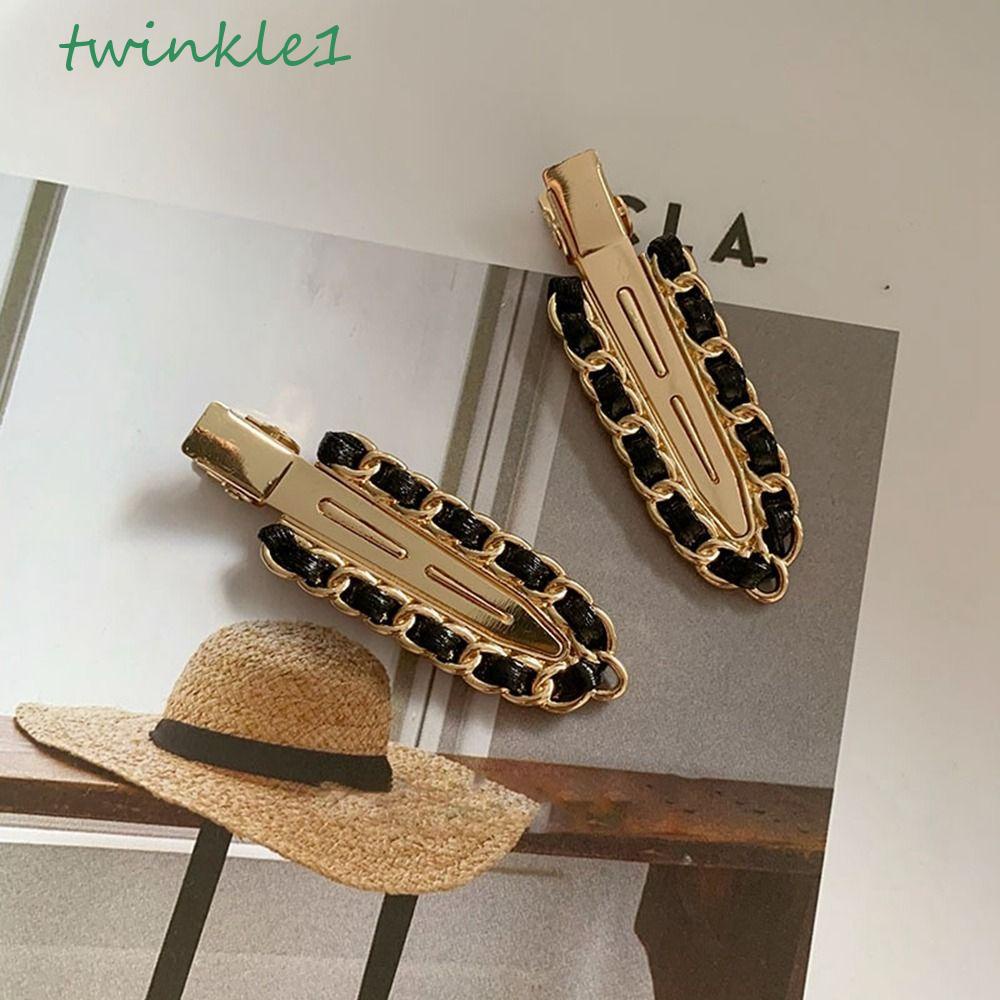TWINKLE Kẹp Tóc Da PU Hình Mỏ Vịt Phối Dây Xích Kim Loại Kiểu Retro Hàn Quốc Dễ Thương
