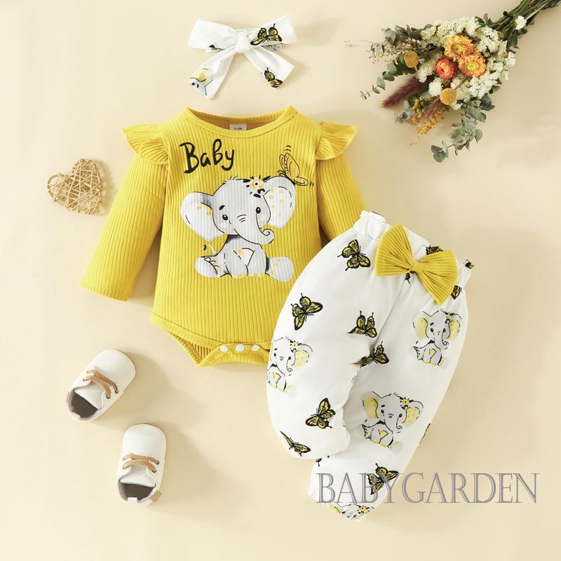 Set Đồ 3 Món Gồm Áo Liền Quần + Quần Dài In Họa Tiết Chú Voi + Băng Cài Đầu Cho Bé Gái 0-18 Tháng Tuổi