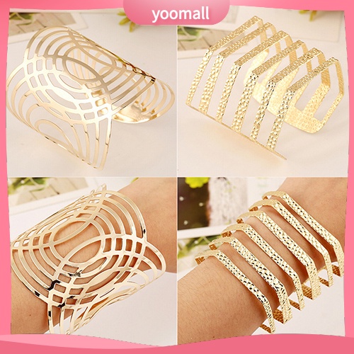 [YM] Hot Vòng Tay Dạng Hở Họa Tiết Hình Học Rỗng Màu Vàng / Bạc Phong Cách Punk Thời Trang Unisex