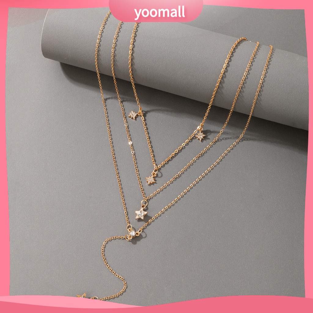 [YM] Vòng Cổ Choker Dài Nhiều Lớp Mặt Ngôi Sao Năm Cánh Đính Kim Cương Giả Cho Nữ Dating