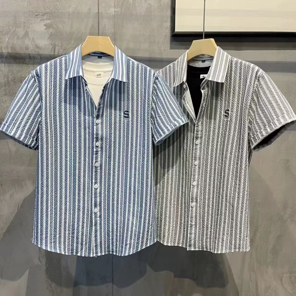 Áo Sơ Mi Tay Ngắn Phồng Họa Tiết Sọc Xanh Dương Thời Trang Mùa Hè 2023 Mới Dành Cho Bé Trai