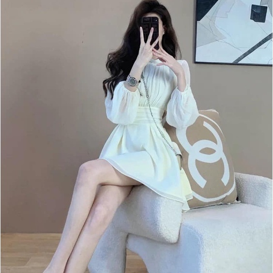 Váy trắng tơ 2 lớp tay dài dáng ngắn bo eo zeni  size S M L XL- Design by KAMI