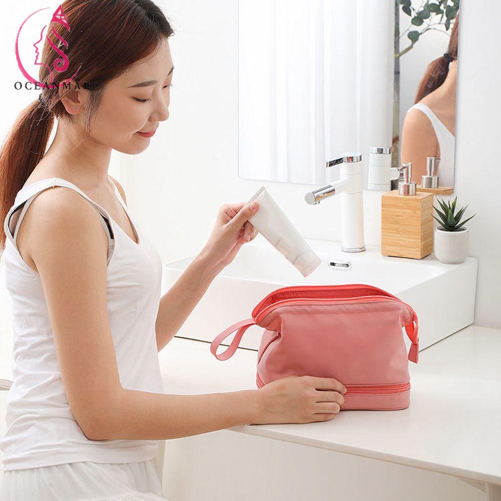 OCEANMAP Túi Đựng Mỹ Phẩm Du Lịch Hai Lớp In Chữ Phong Cách Hàn Quốc