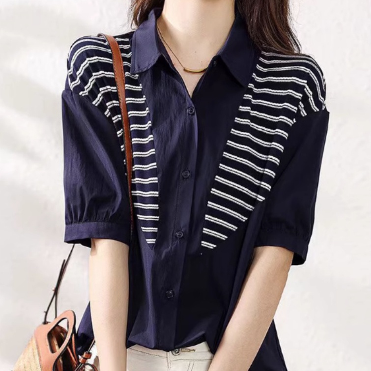 Multiplication navy blue short-tay áo sơ mi nữ phong cách mới kích thước lớn nhỏ cao pháp béo mm sọc khâu lỏng lẻo top phụ nữ ff