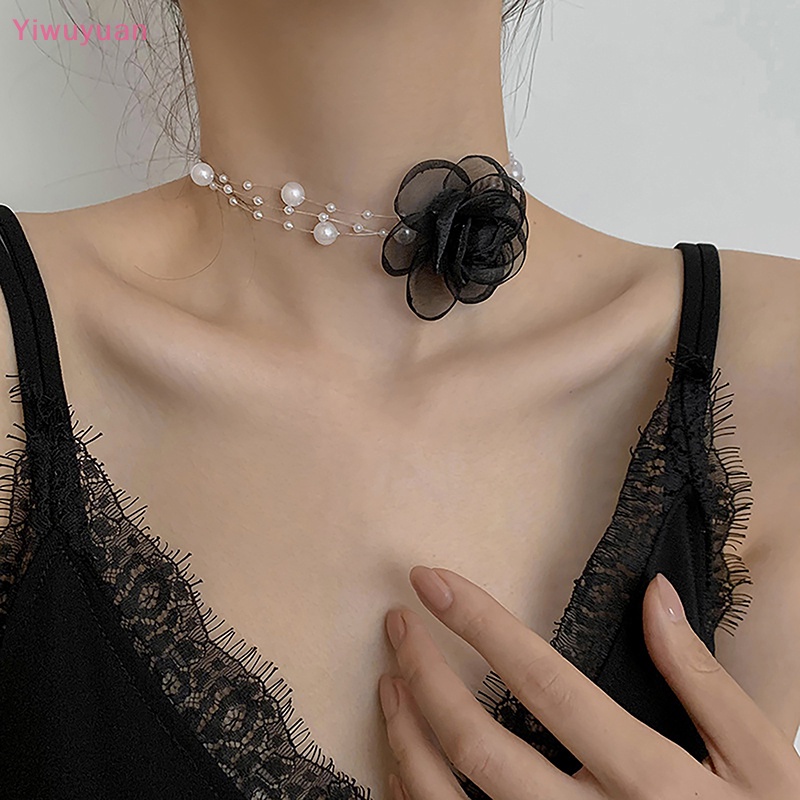 < Yiwuyuan > Vòng Cổ Choker Hoa Trà Đen Trắng Lãng Mạn Mùa Hè Đính Ngọc Trai Và Hoa Vải Cho Nữ Mới