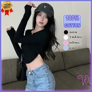 Áo croptop dài tay khoét eo ôm body xinh , áo thun kiểu đẹp chất thun gân cotton 100% 4 màu đen trắng hồng ghi Wiceda.
