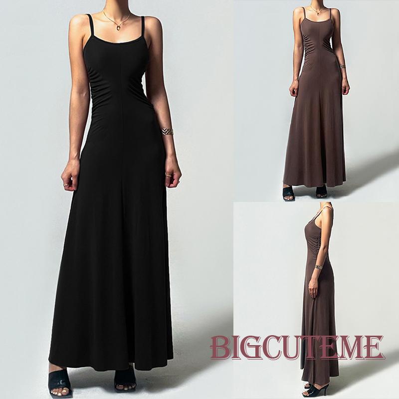 [] - Đầm Dài Hai Dây Dáng Chữ A Hở Lưng Màu Trơn Mềm Mại Mùa Hè Dành Cho Nữ Đi Tiệc Hàng Ngày / Nâu / Đen
