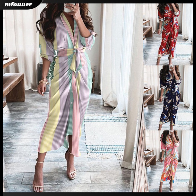 Đầm DàI Cổ Chữ V In Hoa ThờI Trang Cho Nữ