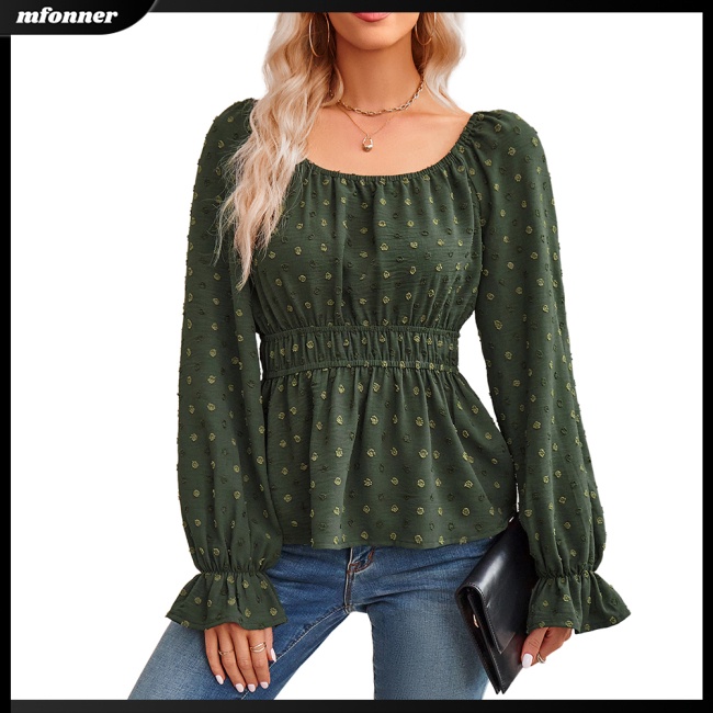 Áo Kiểu Tay Dài Cổ Tròn Phối Bèo Màu Trơn Thời Trang Thanh Lịch Cho Nữ