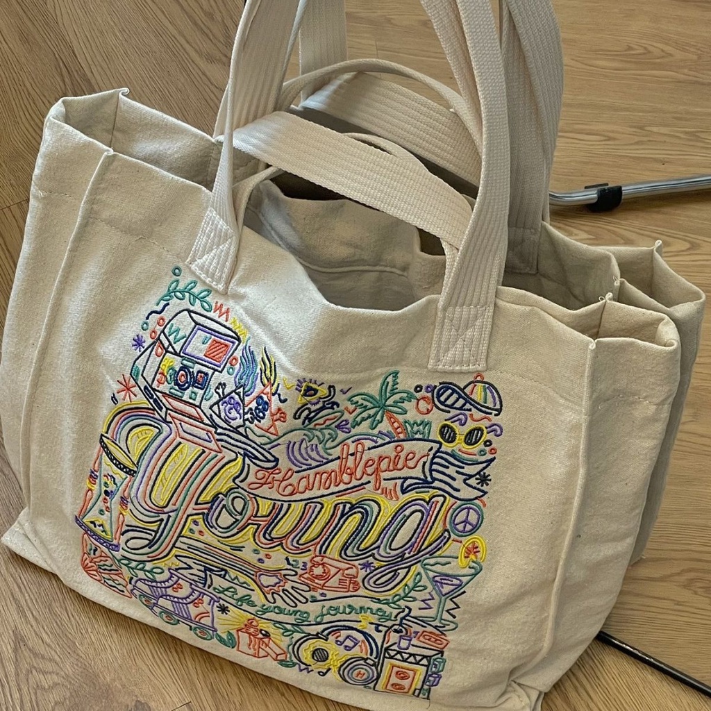 Túi Tote Đeo Vai Vải Canvas Cỡ Lớn In Họa Tiết Kiểu Thái Lan Dễ Thương