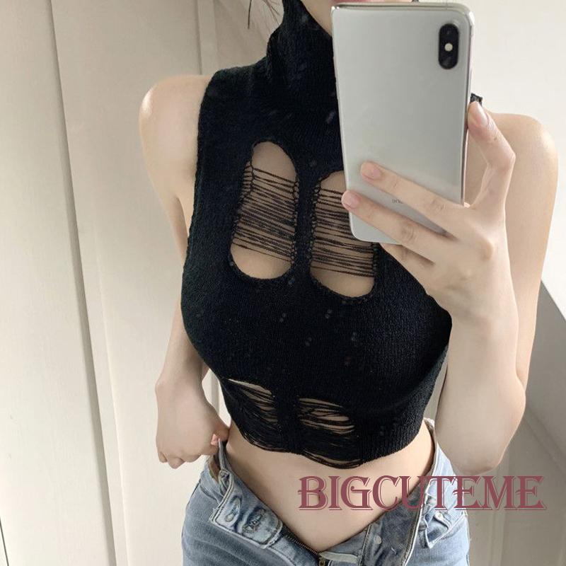 Áo Croptop Dệt Kim Sát Nách Cổ Lọ Màu Trơn Thời Trang Mùa Hè Cho Nữ