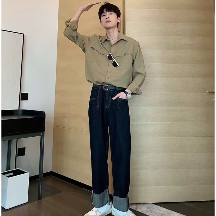 Áo Sơ Mi Lụa Lạnh Mỏng Dáng Rộng Phối Túi Lớn Phong Cách Hàn Quốc Cho Nam Giới