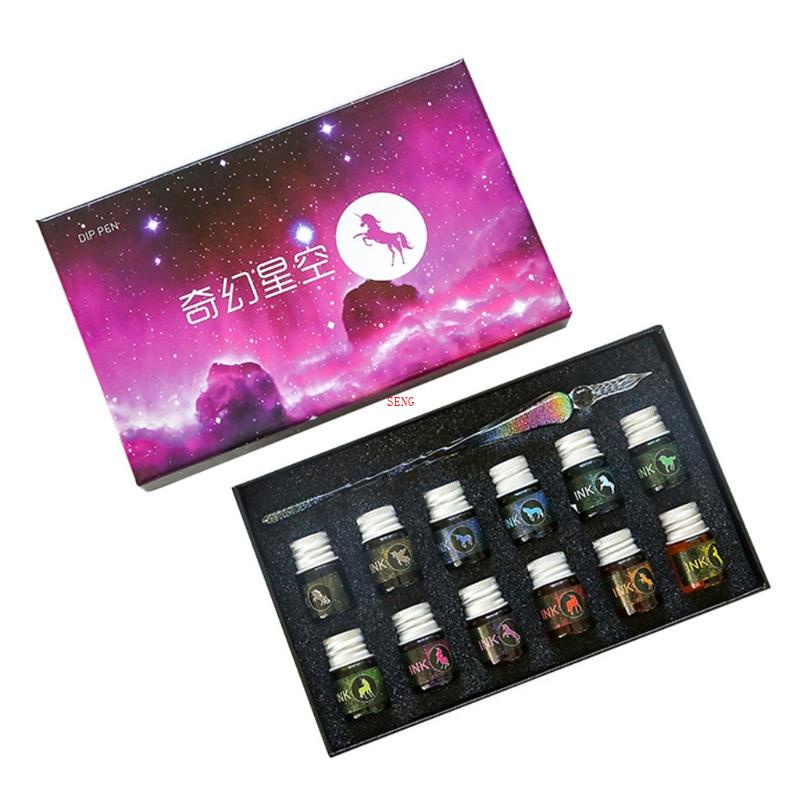 Bút Chấm Mực Thủy Tinh Kèm 12 Mực Màu Dành Cho Người Mới Bắt Đầu