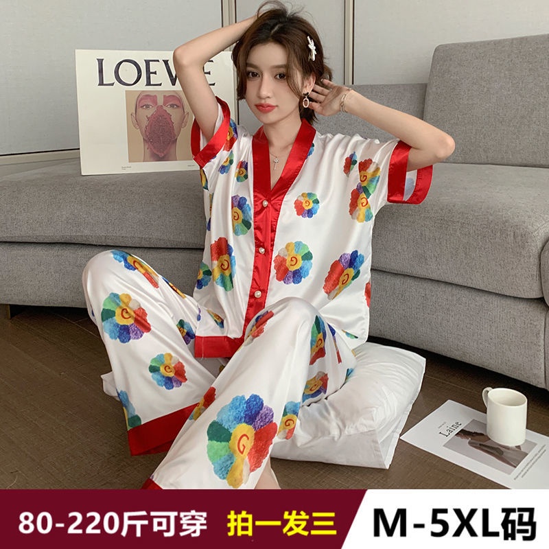 Bộ Đồ Ngủ Ba Món Bằng Lụa Lạnh Tay Ngắn Plus Size Cho Nữ 100kg