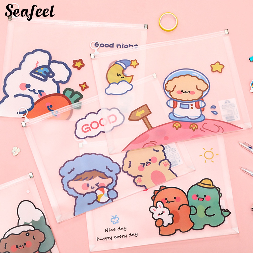 Túi Đựng Tài Liệu Cỡ A4 Đa Năng Chống Thấm Nước Có Khóa Kéo Họa Tiết Hoạt Hình Dễ Thương