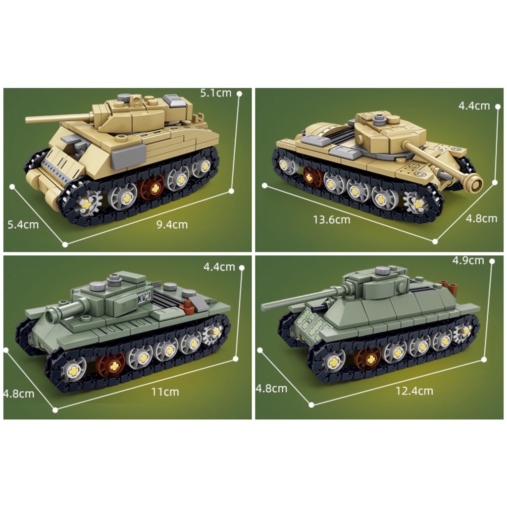 Set 1475 Mô Hình Xe Tăng MOC WW2 8 Trong 1 Karl Cannon T34 T38 Stug Tiger M4 Sherman M26 KV1 Mới
