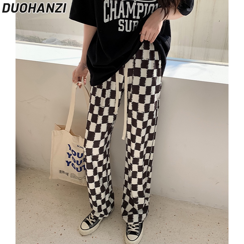 Quần ống rộng Bằng Lụa Lạnh Mỏng Lưng Cao Họa Tiết Kẻ Ô Thời Trang Mùa Hè Hàng Mới Dành Cho Bạn Nữ