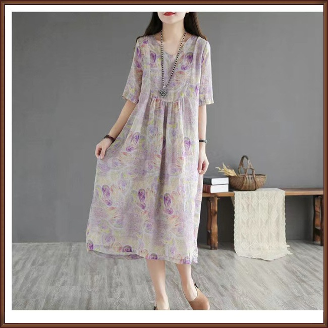 Đầm Midi Tay Ngắn Eo Cao In Họa Tiết Hoa Phong Cách Dân Tộc Cổ Điển Thời Trang Mùa Hè Cho Nữ