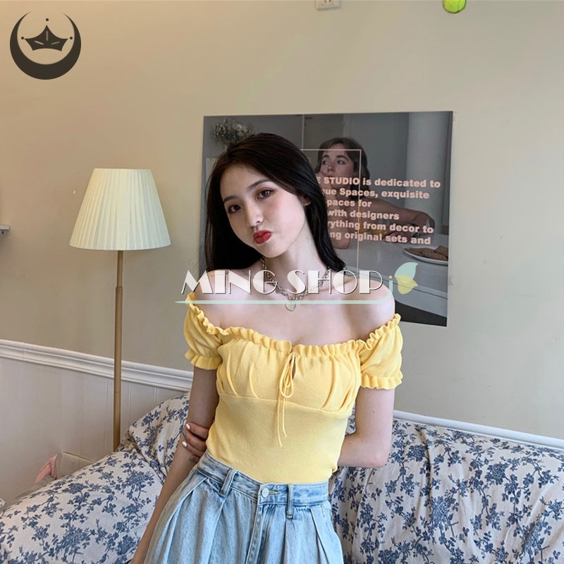 Áo Crop Top Dệt Kim Trễ Vai Phối Dây Rút Thời Trang Cho Nữ Y2K