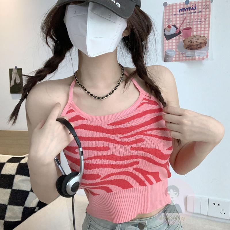 Áo Tank Top Dệt Kim Không Tay In Họa Tiết Ngựa Vằn Cá Tính Cho Nữ