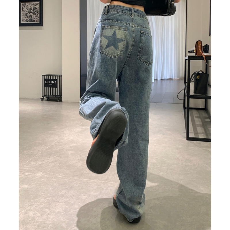 Quần jeans Nữ Lưng Cao Dáng Rộng In Hình Ngôi Sao Thời Trang