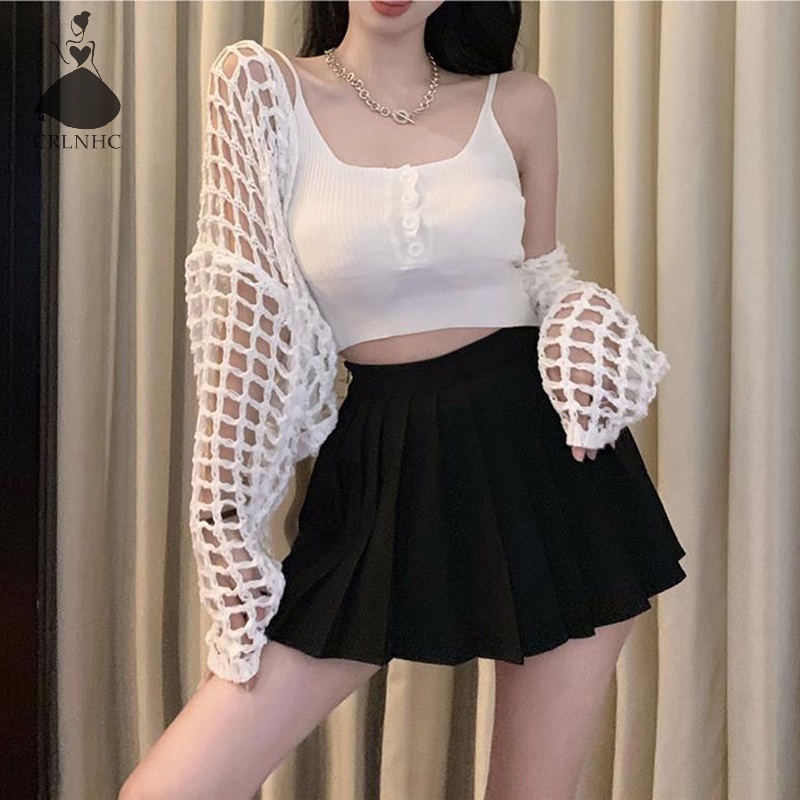 Áo Dệt Kim Sát Nách Dáng Rộng Màu Trơn Thời Trang Mùa Hè CRLNHC Y2k