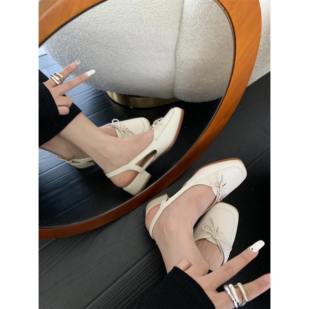 Sandal Mũi Vuông Hở Lưng Đính Nơ Xinh Xắn Theo Phong Cách retro B14L Dành Cho Nữ