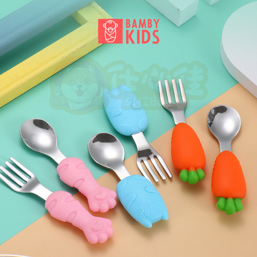 Set thìa dĩa inox 304 cao cấp an toàn cho bé tay cầm silicon Bambykids