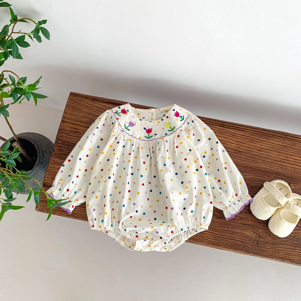 Áo Liền Quần Tay Dài Bằng Cotton Họa Tiết Chấm Bi Phong Cách Công Chúa Ngọt Ngào Kiểu Mới Cho Bé Gái