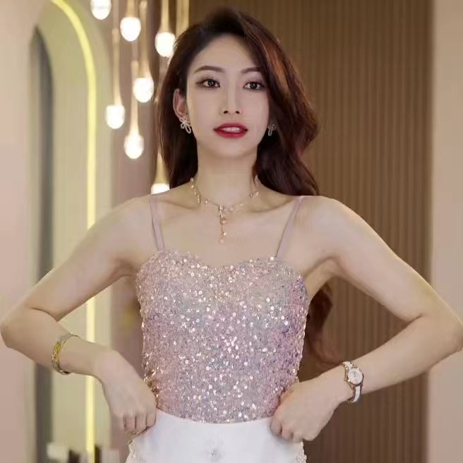 Áo Hai Dây Có Mút Ngực Dáng Dài Đính Kim Sa Lấp Lánh Phong Cách Mới Quyến Rũ Thoáng Khí Dành Cho Nữ