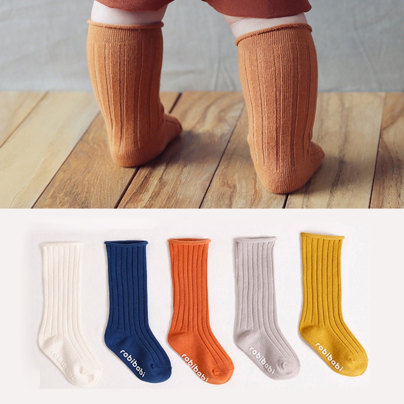 Vớ Cotton Mềm Cao Đến Đầu Gối Chống Trượt Thoáng Khí Màu Trơn Họa Tiết Kẻ Sọc Dành Cho Trẻ Em