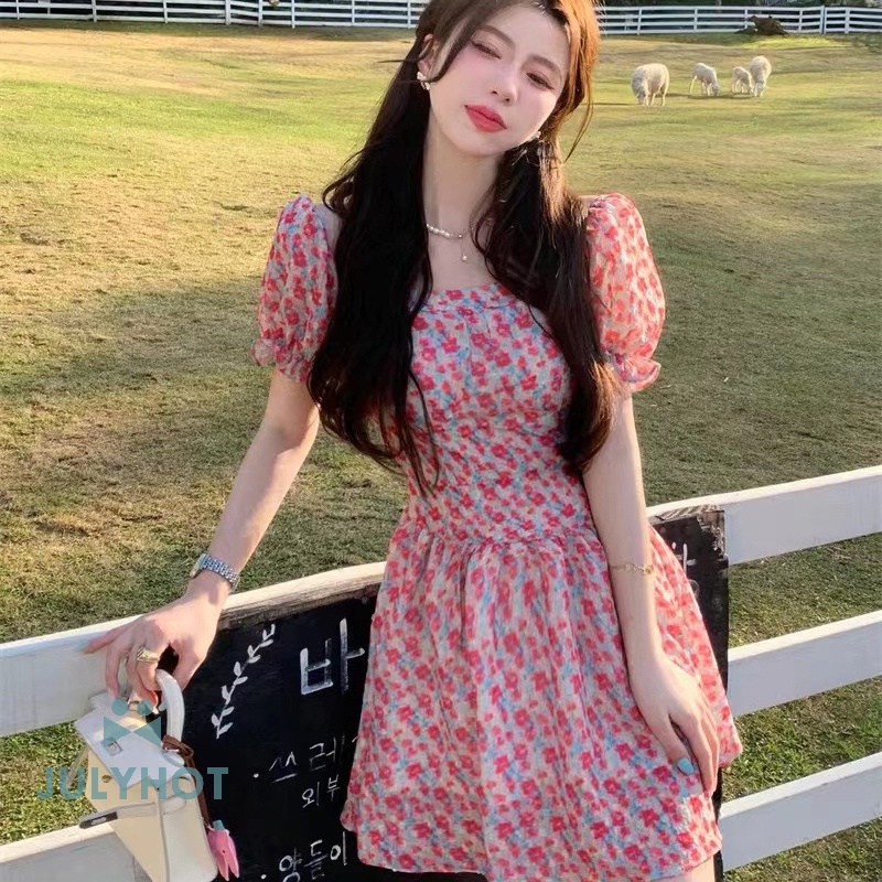 Mùa hè mát mẻ của phụ nữ hoa in Đầm voan phồng tay áo vuông cổ áo Dresses VN