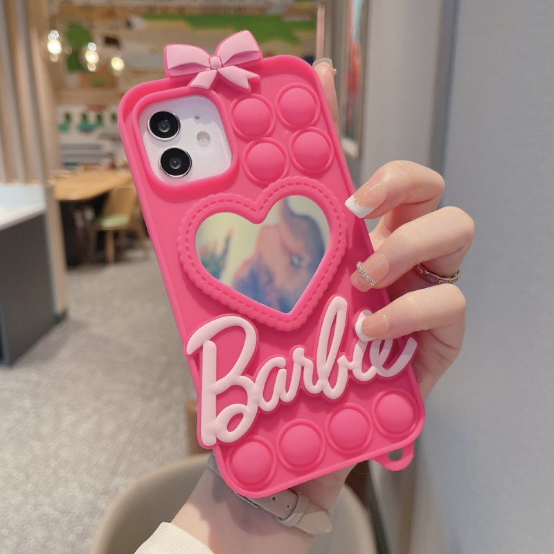 Ốp Điện Thoại Silicon Chống Rơi Hình Búp Bê Barbie Có Gương Trái Tim Cho iPhone 14 / 13 / 12 Promax XS XR