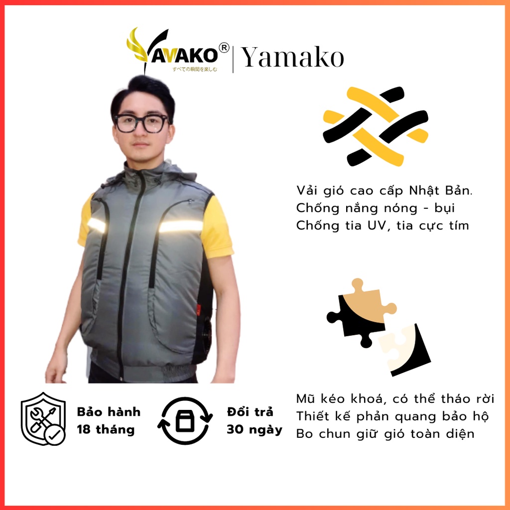 Áo khoác quạt điều hoà ghile Nhật Bản Yamako, áo có mũ tháo rời màu xanh