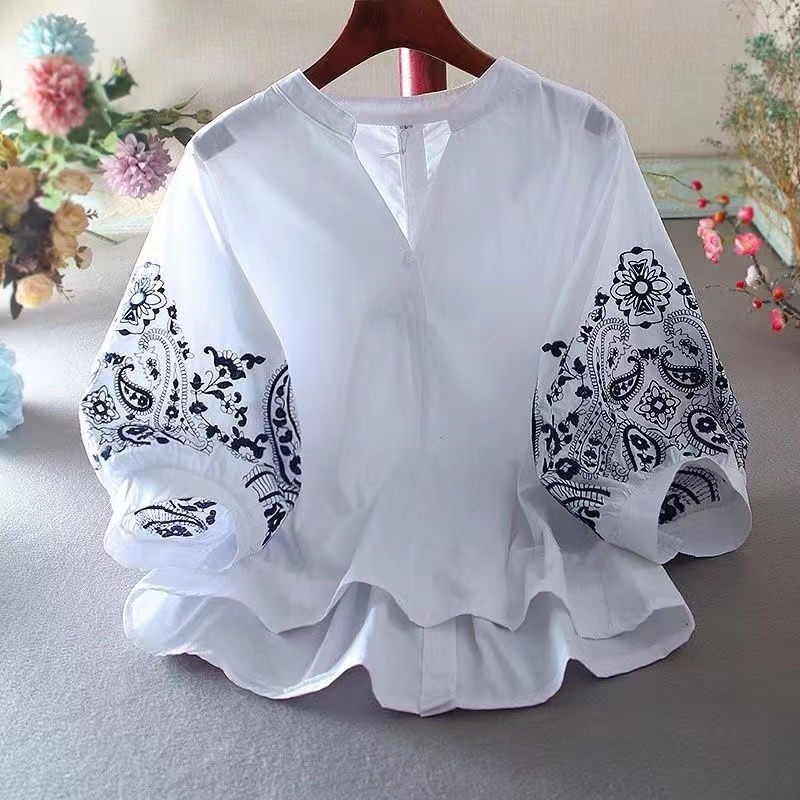 Áo Sơ Mi Cotton Nguyên Chất Cổ V Tay Phồng Thêu Họa Tiết Thời Trang Mùa Hè 2023 Cho Nữ