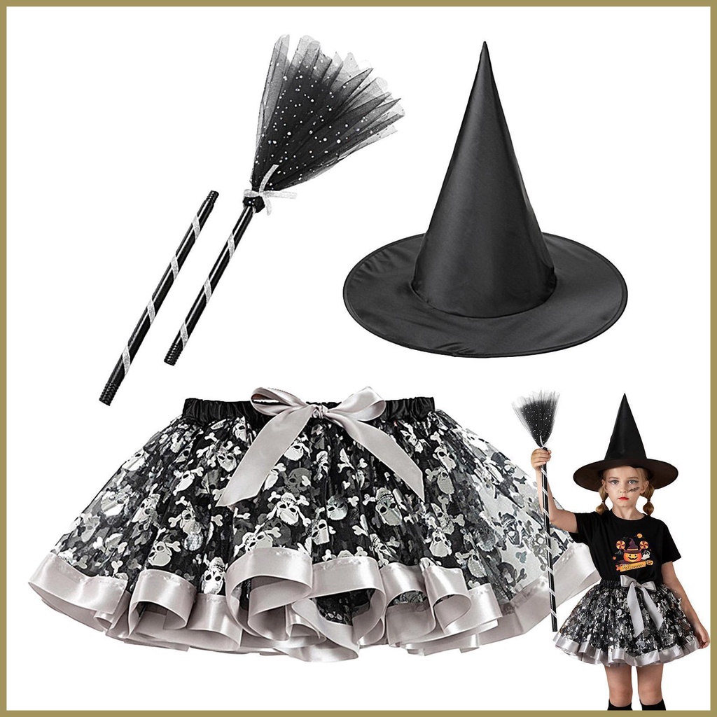 Chân Váy Xòe Kèm Nón Phù Thủy Hóa Trang Halloween Cho Bé Gái paca3vn