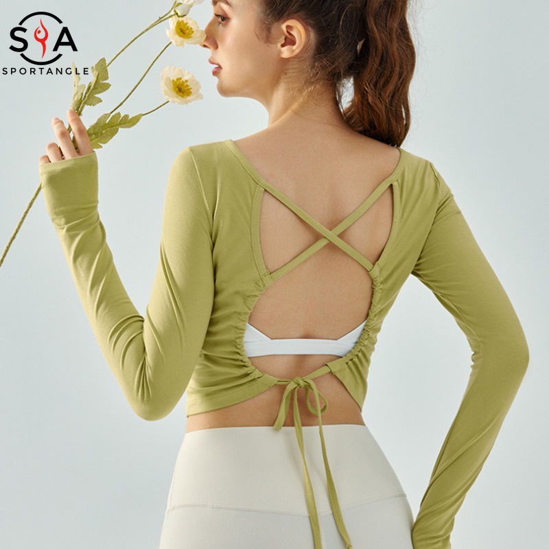 Áo Thun Thể Thao Tay Dài Dáng Rộng Hở Lưng Thoáng Khí Nhanh Khô