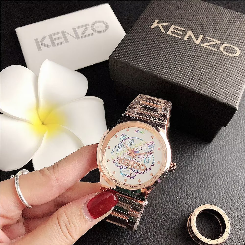 Đồng Hồ Đeo Tay Mặt Tròn In Hình Kenzo Dây Da Thời Trang Cho Cặp Đôi