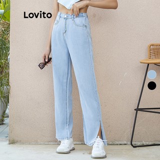 Quần jean Lovito denim trơn lưng cao xẻ tà L02154 (Xanh lam)