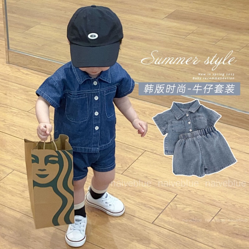 Bộ Áo Thun Tay Ngắn + Quần Short Denim Thời Trang Mùa Hè Phong Cách Hàn Quốc Cho Bé Trai
