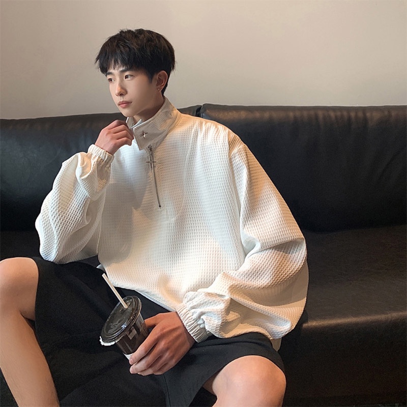 Youtang Áo Sweater Cổ Polo Có Khóa Kim Loại Nửa Hình Waffle Phong Cách Mỹ Cho Nam
