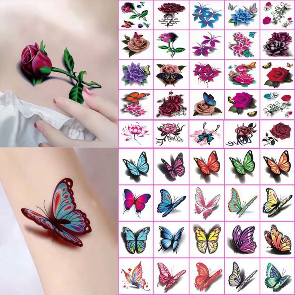 Hình Xăm Dán Họa Tiết Hoa Và Bướm 3D Chống Thấm Nước Lâu Trôi